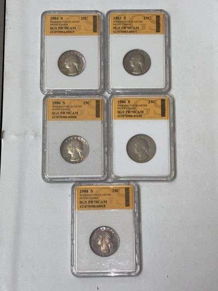 Five SGS PR70CAM Washington Quarters: 1980, 1983, 1984, 1988 image