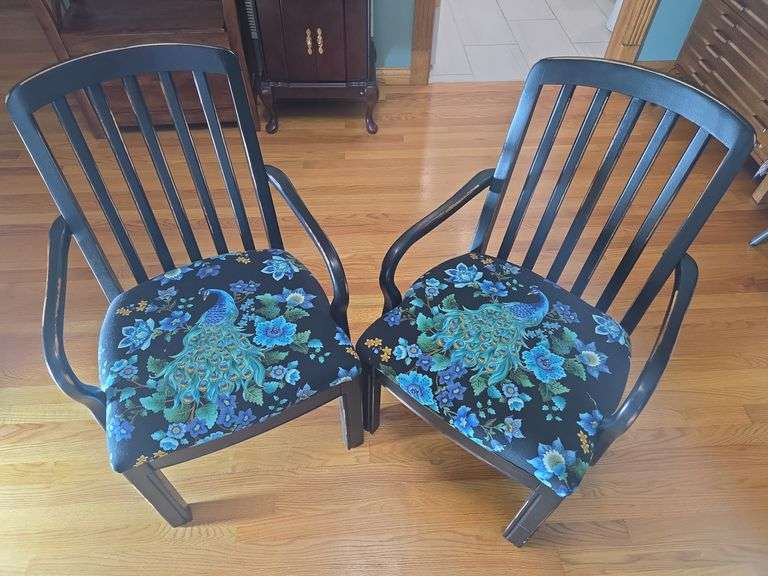 Pair of Wooden Armchairs with Peacock Fabric Seats image