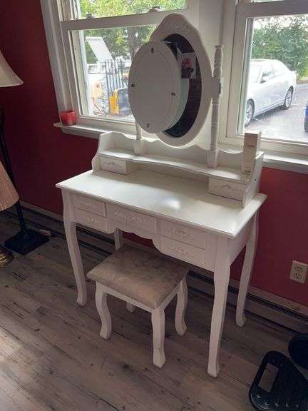 White Vanity with Tri-Fold Mirror and Stool image