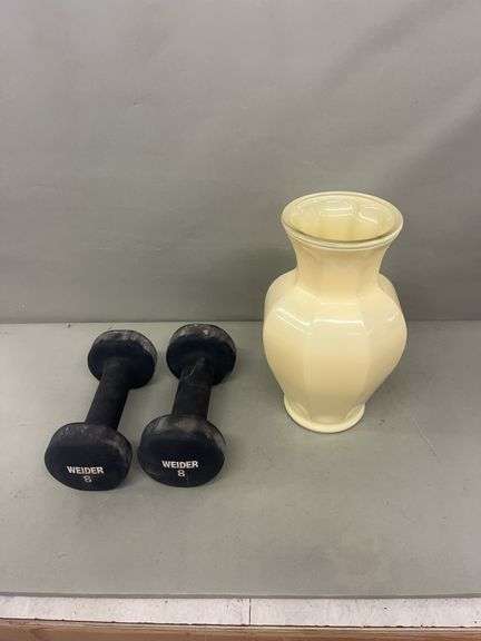 Cream Colored Vase and Weider 8 lb Dumbbells Set image