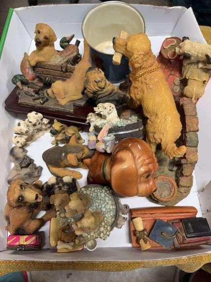 BOX OF DOG THEMED STATUES, CUP, AND PILLOW image