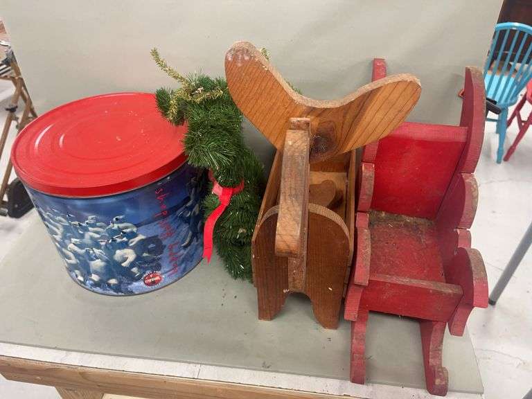 Coca-Cola Polar Bear Tin, Wooden Reindeer Planter, and Christmas Reindeer Decoration image