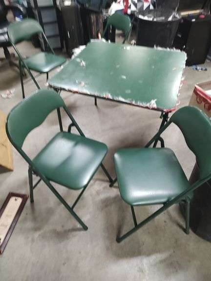 FOLDING CARD TABLE WITH 4 FOLDING CHAIRS - TABLE HAS SOME DAMAGE ON TOP image