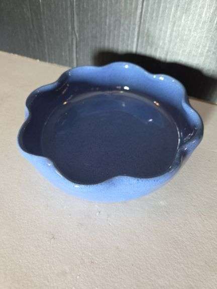 Blue Ceramic Dish with Scalloped Edge and Marked Base image