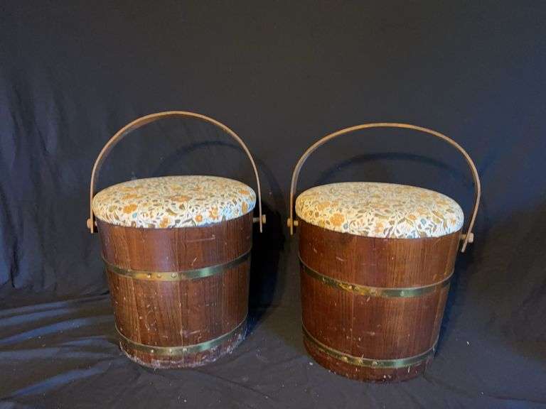 Pair of Wooden Bucket Seats with Floral Upholstered Lids image