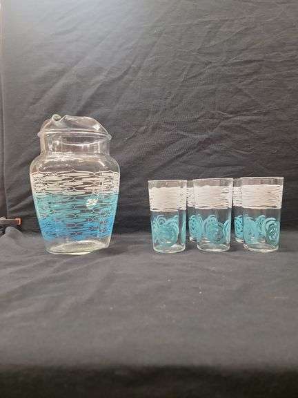 Glass Pitcher with Lid and Six Matching Glasses, Blue and White Design image