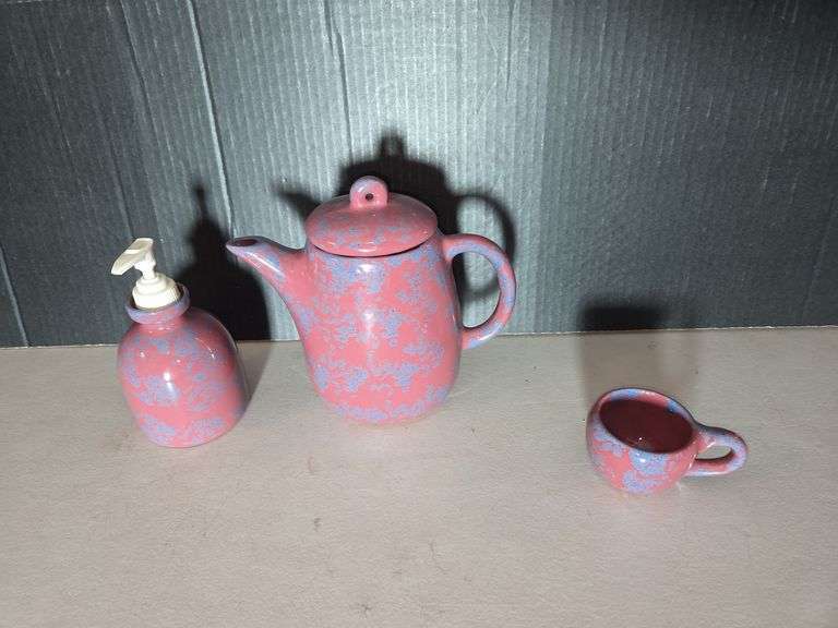 Pink and Blue Pottery Set - Teapot, Soap Dispenser, and Cup image