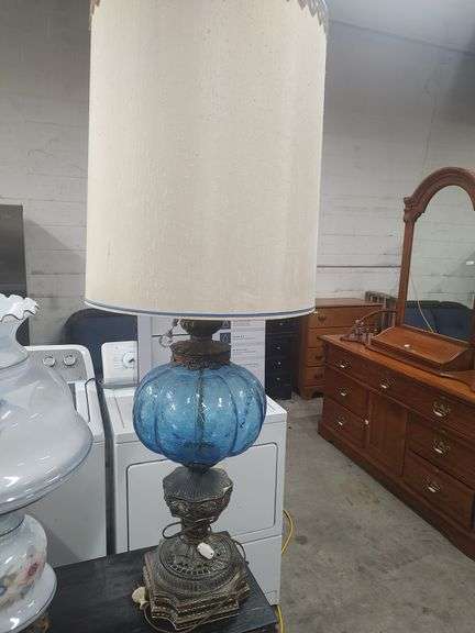 VINTAGE - BLUE CRACKLE GLASS LAMP - WITH SHADE - 45 INCHES TALL image