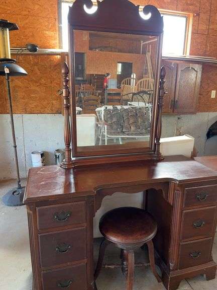 Wooden Vanity Dresser with Mirror and Stool image