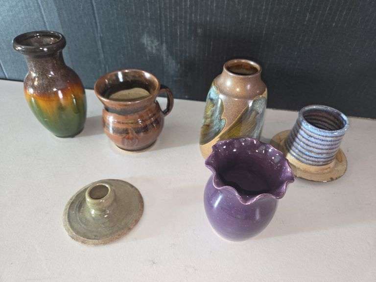 Group of Six Studio Art Pottery Vases Signed Sid Luck image