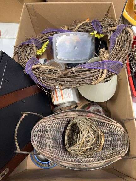 BOX OF MISC, WREATH, LAMP, CANDLE TOPS, DIGITAL VIDEO CAMERA, PICTURE FRAME, AND MISC. image