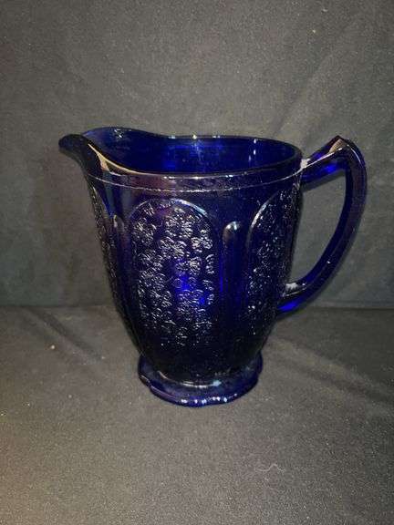 Deep Blue Glass Pitcher with Floral Design image