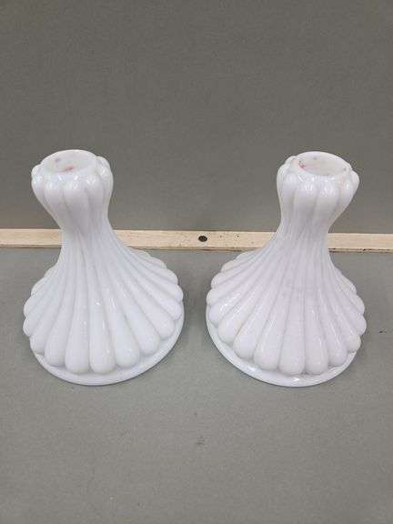 Pair of White Milk Glass Candlestick Holders image