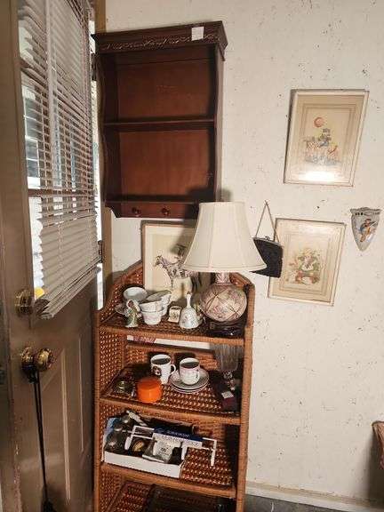 Display Shelf, Wall Shelf, Lamp, Framed Art, and Assorted Collectibles image