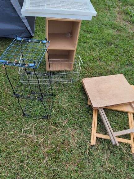 Folding Stool, Shelf Unit, and Various Wire Baskets image