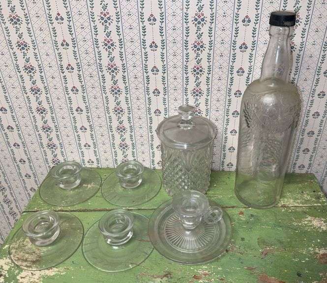 Pressed Glass Candle Holders, Candy Dish, and Bottle image