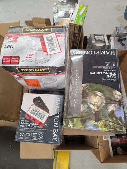Home Improvement Items: Defiant Security Light, Hampton Bay Ceiling Fan Remote, Hampton Bay String Lights, Honeywell Thermostat, Heath Zenith Motion Light, Style Selections Toilet Paper Holder image