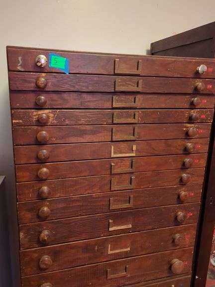 Wood Card Catalog Cabinet with 14 Drawers image