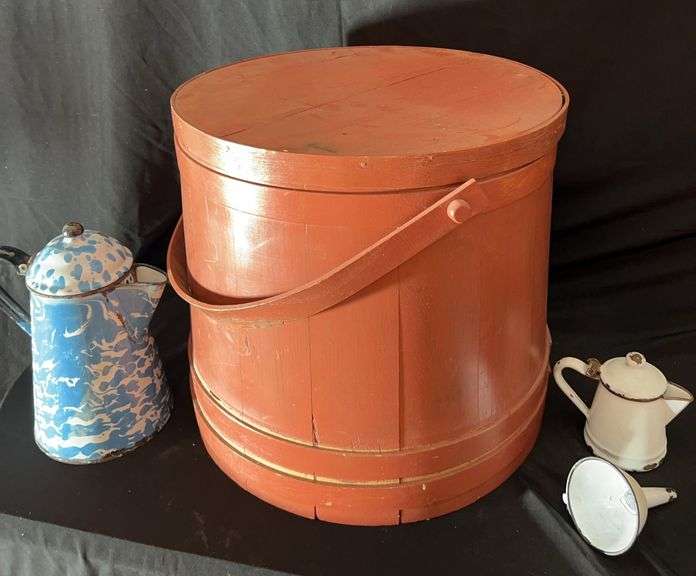 Painted Wooden Firkin Bucket with Enamelware Items image