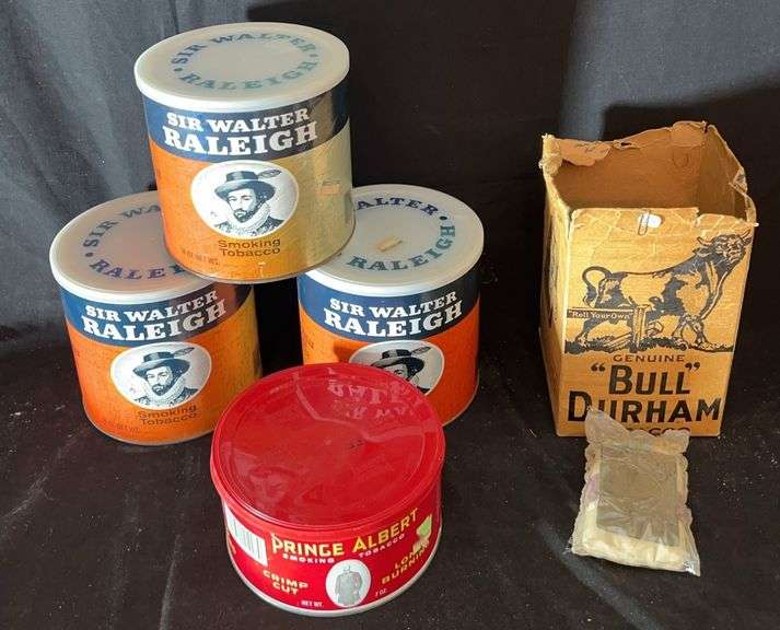 Sir Walter Raleigh & Prince Albert Tobacco Tins with Bull Durham Box image
