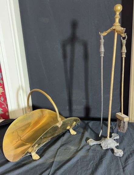 Brass Fireplace Tool Set with Log Holder image