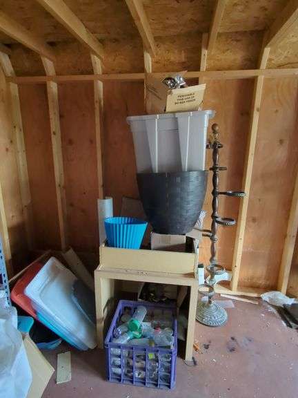 Assorted Storage Totes, Planters, Jars, and Plant Stand image