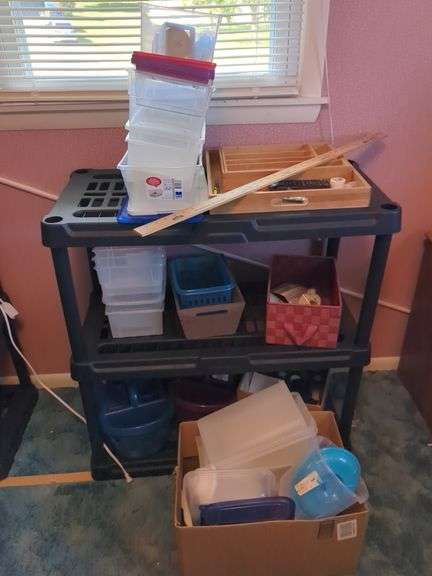 Shelving Unit with Baskets, Storage Containers, and Drawer Organizer image