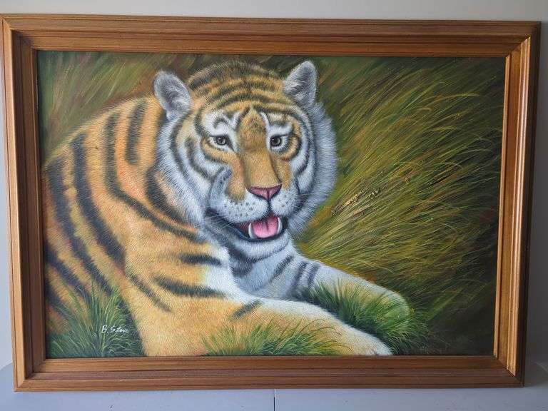 Framed Tiger Oil Painting Signed B. Stove image