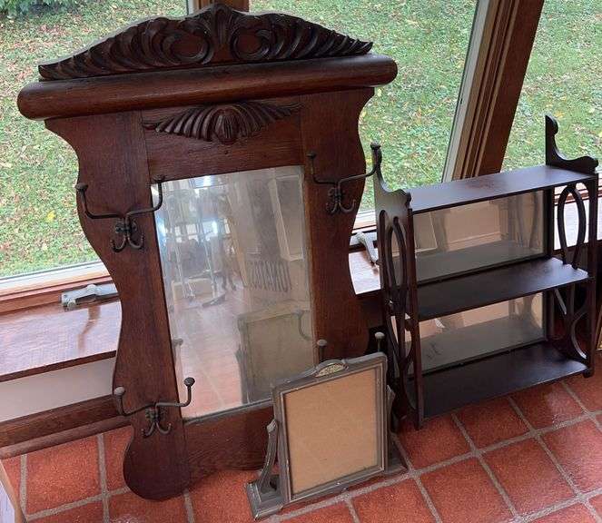 Wall Mirror with Hooks, Display Shelf, and Picture Frame Group image