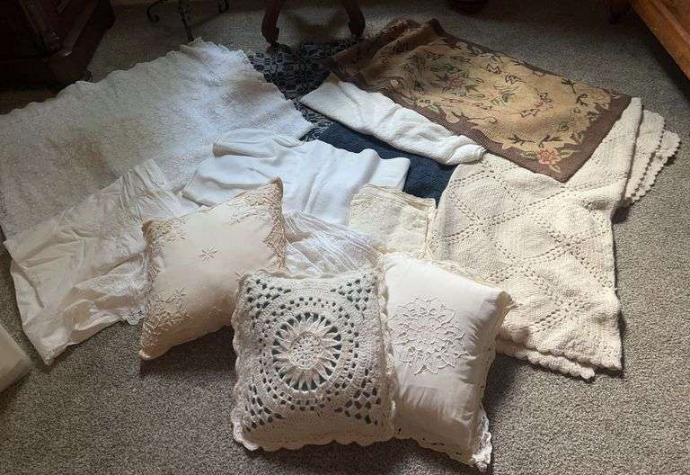 Assorted Linens, Pillows and Small Rug image