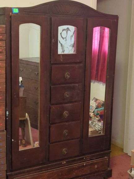 Wood Wardrobe with Drawers and Mirrored Doors image