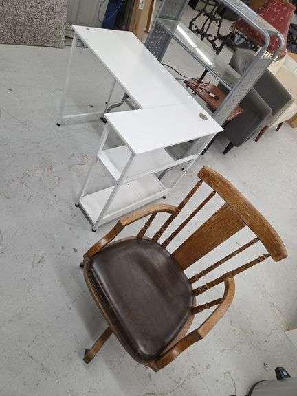 White L-shaped Desk with Shelves and Wood Swivel Chair image