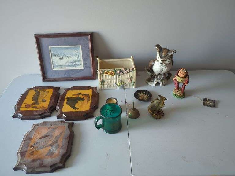 Assorted Decorative Items: Owl Figurine, Wall Art, and More image