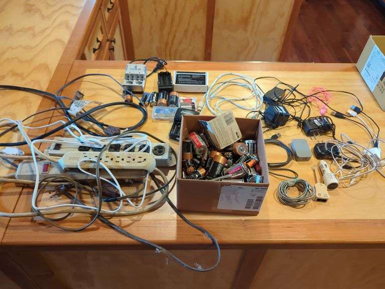 Box of Assorted Batteries, Chargers, and Power Cables image