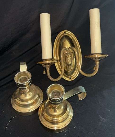 Brass Tone Wall Sconce and Candle Holders image