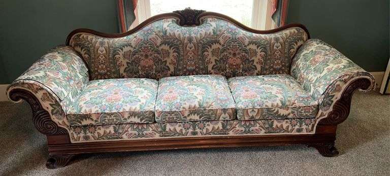 Floral Upholstered Carved Wood Settee image