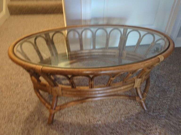 Rattan and Glass Oval Coffee Table image