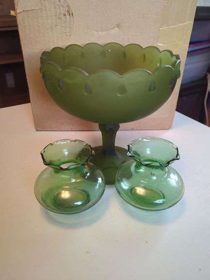 Green Glass Compote and Two Vases image