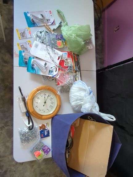 Various Items Including Clock, Chains, Hooks, Hardware image