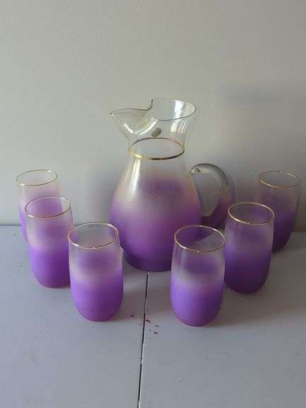 Mid-Century West Virginia Glass Purple Ombre Pitcher Set image