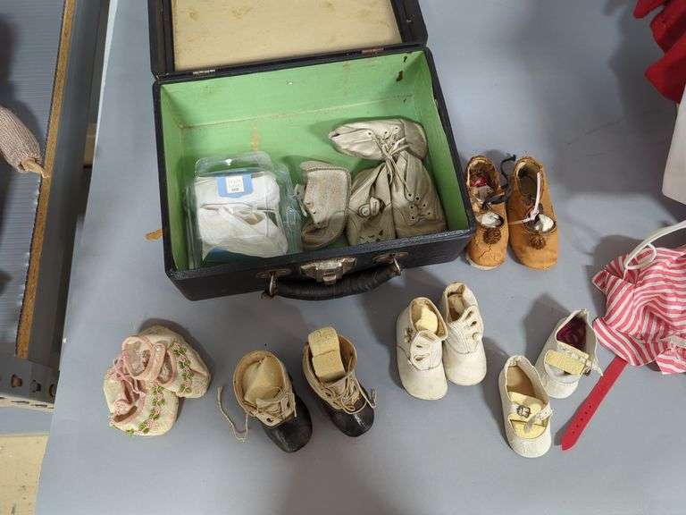 Vintage Doll Clothing Assortment IN Decorative Storage Trunk And Assorted Shoes