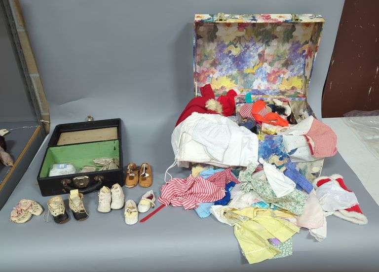 Vintage Doll Clothing Assortment IN Decorative Storage Trunk And Assorted Shoes