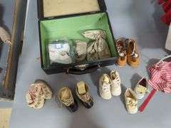 Vintage Doll Clothing Assortment IN Decorative Storage Trunk And Assorted Shoes