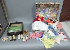 Vintage Doll Clothing Assortment IN Decorative Storage Trunk And Assorted Shoes