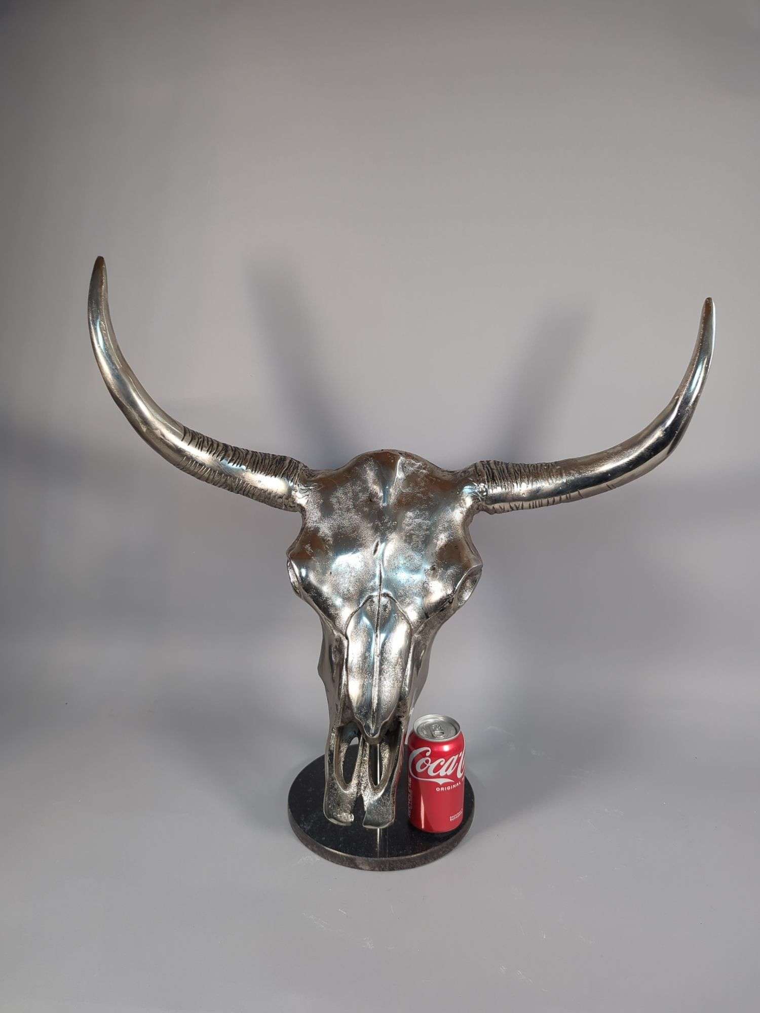 Chrome Texas Longhorn Steer Head Statue on Marble Base. 26
