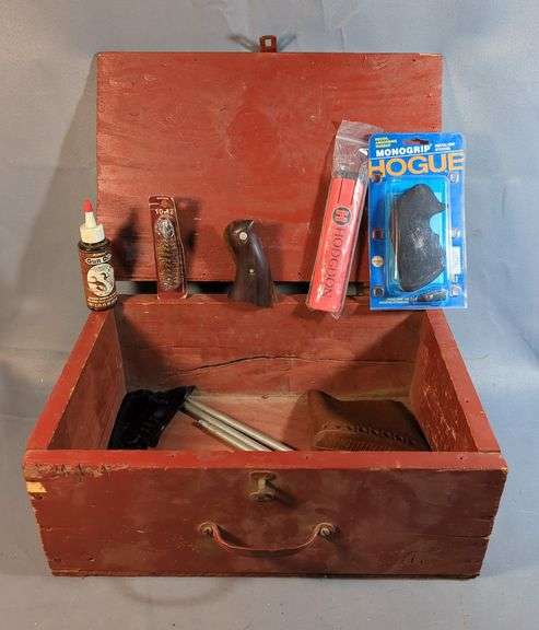 Ruger Wood Grips, Hogue Monogrip For Ruger Blackhawk, Single Six, And Vaquero, Franzite Grips For Luger P08, Winchester Butt Plate, Rubber Butt Sleeve, Cleaning Brushes, Cleaning Rod, And More, In Wood Crate With Hinged Lid image
