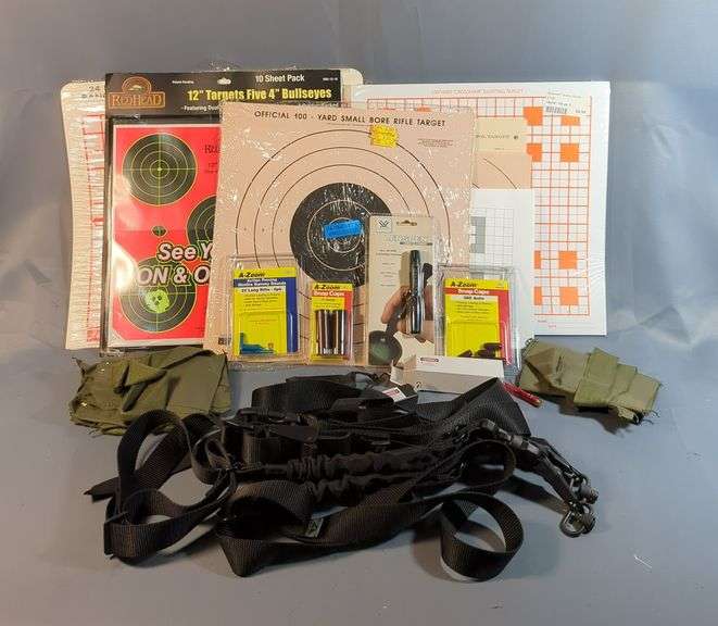 Firearm Accessories, Includes Sight Rite Bore Light, A-Zoom Snap Caps For 380 Auto And 12 ga, A-Zoom 22 LR Dummy Rounds, Vortex Lenspen Lens Cleaner, Rifle Shoulder Straps, Mag Bandolier, And Paper Targets, Various Brands image