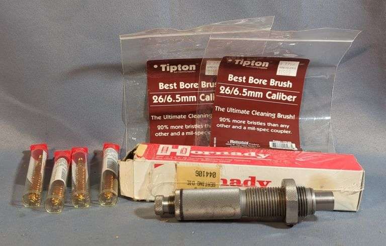 Hornady 6.5mm Seating Die, Tipton 26/6.5mm Cal Cleaning Brushes, Qty 15 (In 2 Bags), And J. Dewey 6.5-.264 Cleaning Brushes, Qty 4 image