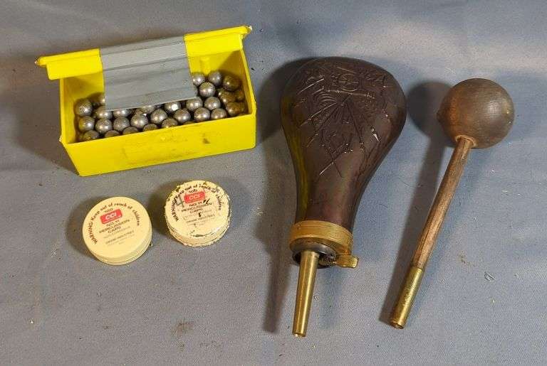 Brass Gun Powder Flask, Percussion Caps, Powder Measure, And .45 Cal Black Powder Round Balls, Local Pickup Only image