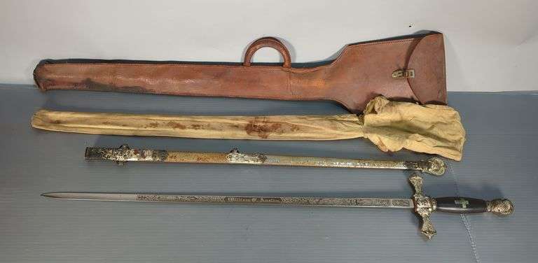 M C Lilley & Co Knights Templar Sword, 28" Engraved Blade, In Metal Scabbard, With Cloth Cover And Leather Case image